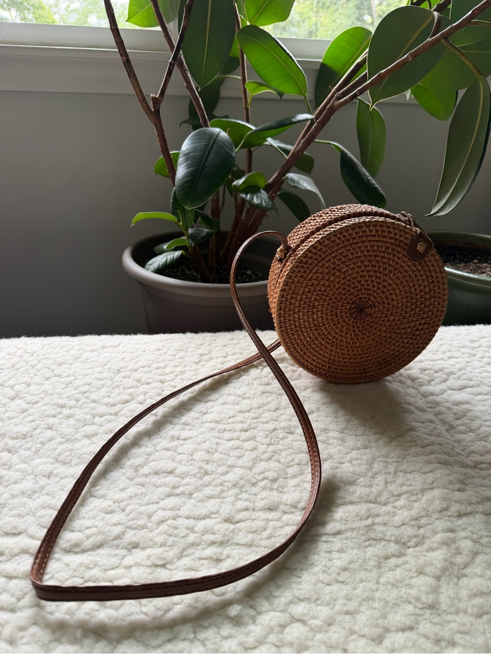 Round Woven Straw Rattan Crossbody Bag with Brown leather strap